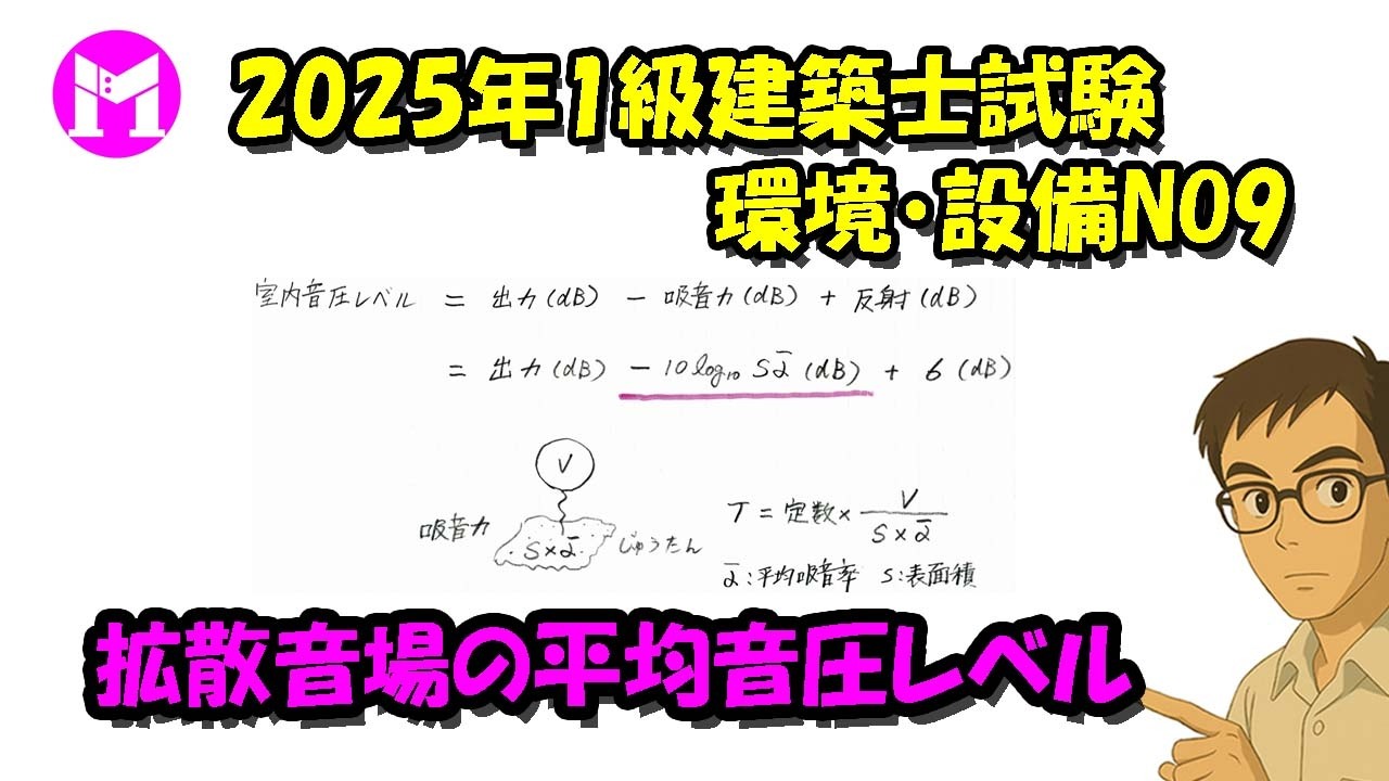 2025年1級建築士試験環境・設備NO9　拡散音場の平均音圧レベル