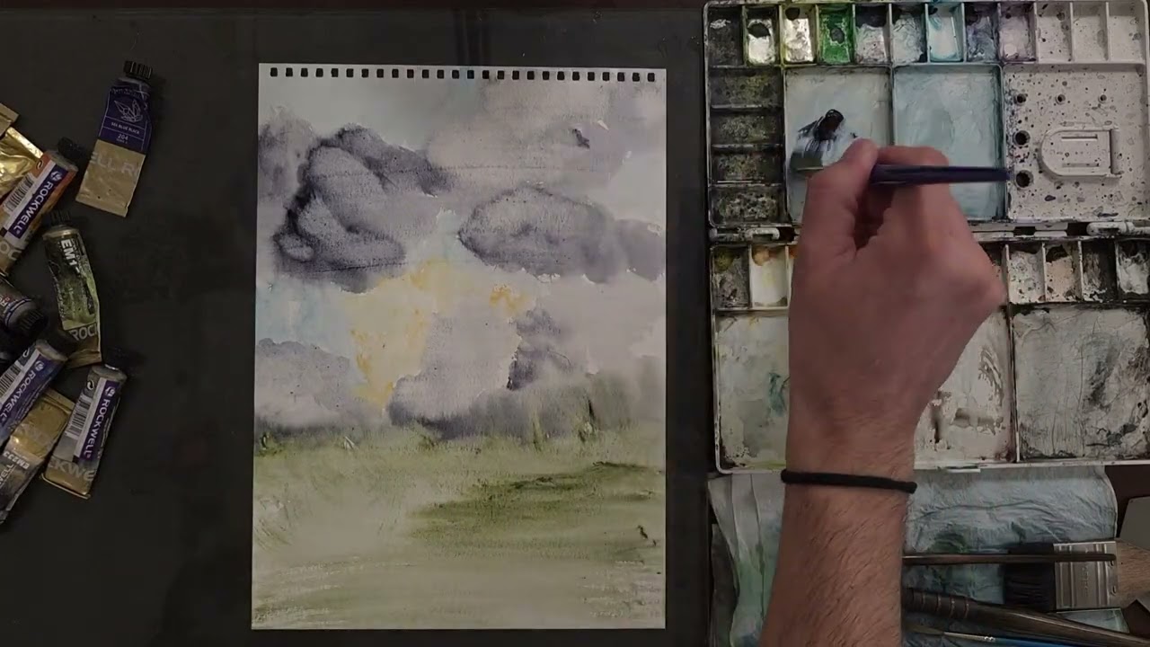Burning Field Beneath Heavy Clouds | Watercolor Abstract Landscape Painting #414
