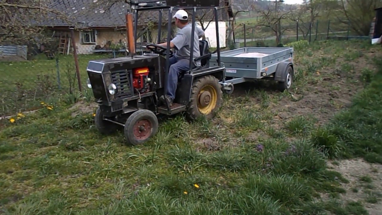 malotraktor Čert,přívěs Agados Handy 3 a 630Kg písku