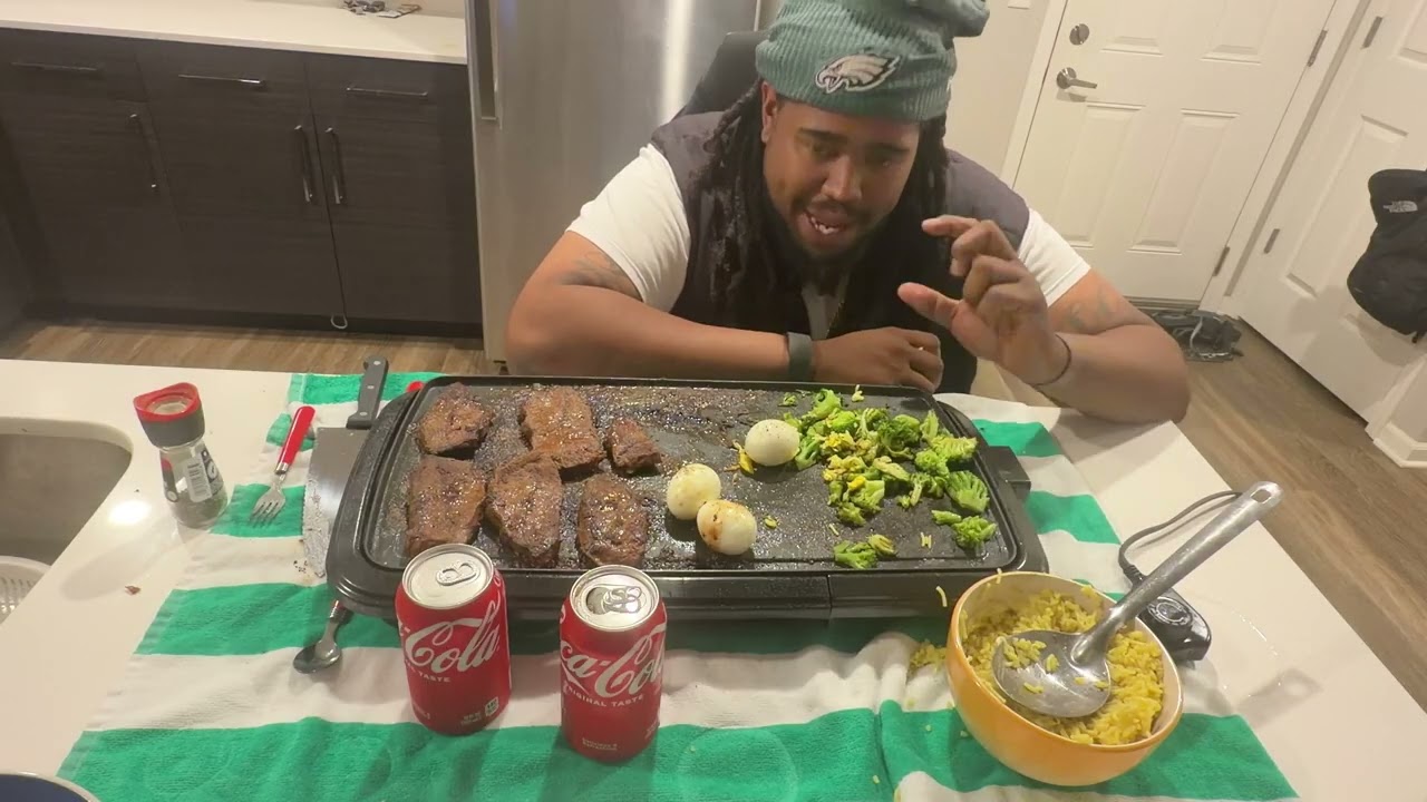 Steak & Egg Mukbang: 6 Steaks, 4 Eggs, Broccoli, Rice & 2 Cokes!