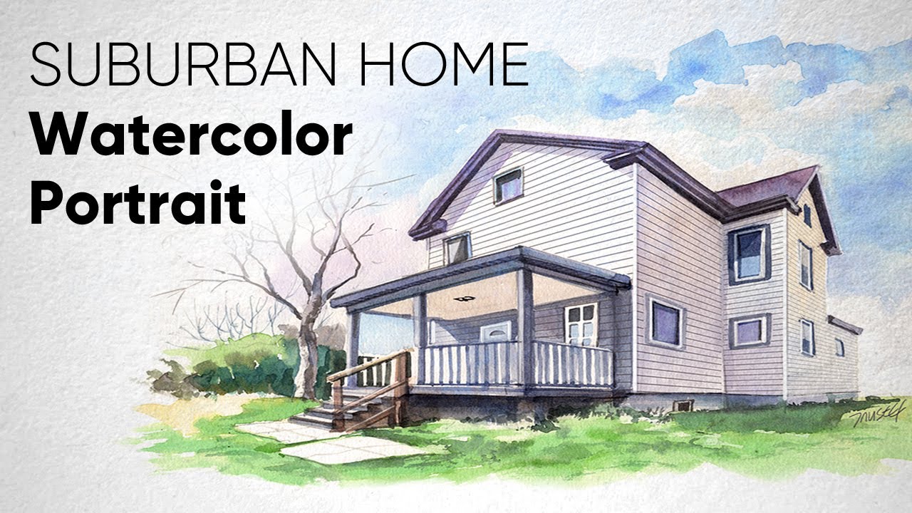 Suburban Home Portrait - Watercolor Illustration Process #houseportrait #architecturedrawing