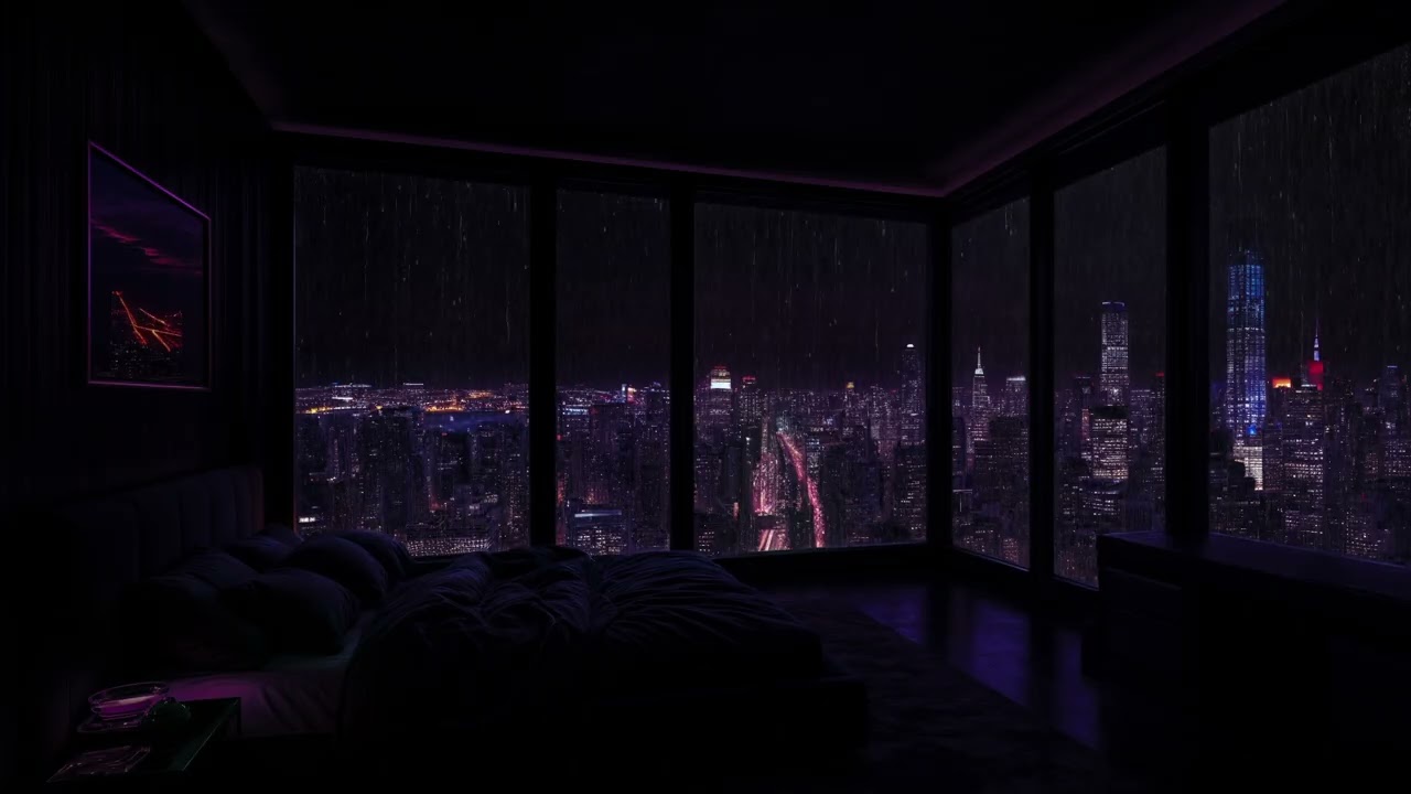 (No Ads)🔥Rainy Night in a Luxury NYC Apartment 🌧️🔥City Lights & Fireplace Ambience for Sleep & Relax
