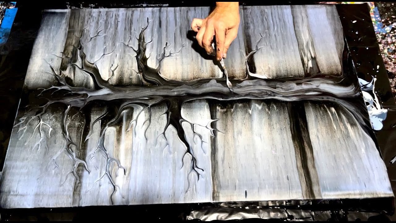 'Midnight' Large Canvas Tree Swipe in Ghostly Colors! Color Collab with @ArtByJulieE! Fluid Art