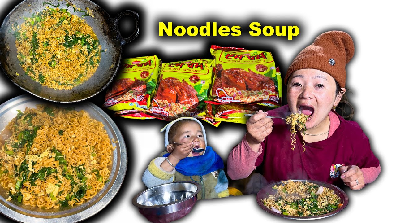 Mustard (Rayo) and Rum Pum Noodles soup cooking & eating रायोको साग सँग चाउ चाउ को झोल Village vlog