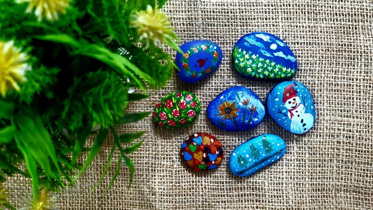 How to paint easy cute design on pebble stone🍀🌟/  Painting ideas on stone