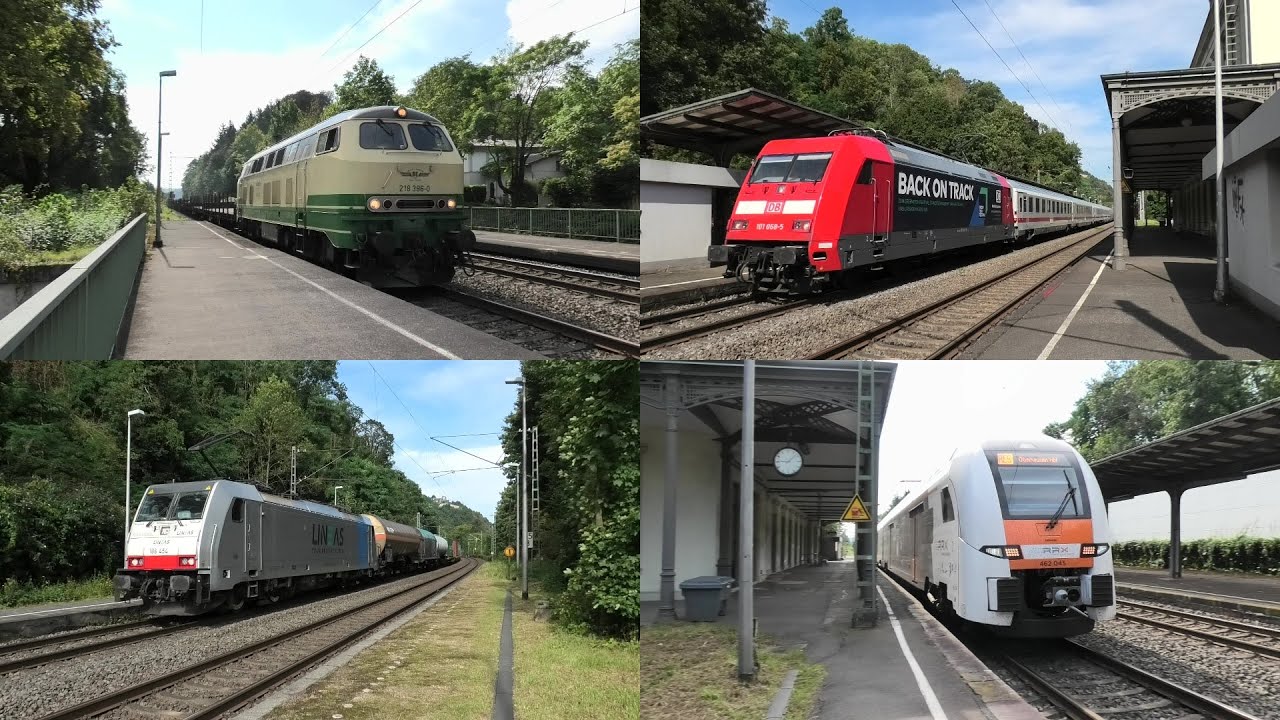 Bahnverkehr in Rolandseck mit BEG 218, Intercity, Desiro ML, Güterzügen, LINT 81 und Desiro HC