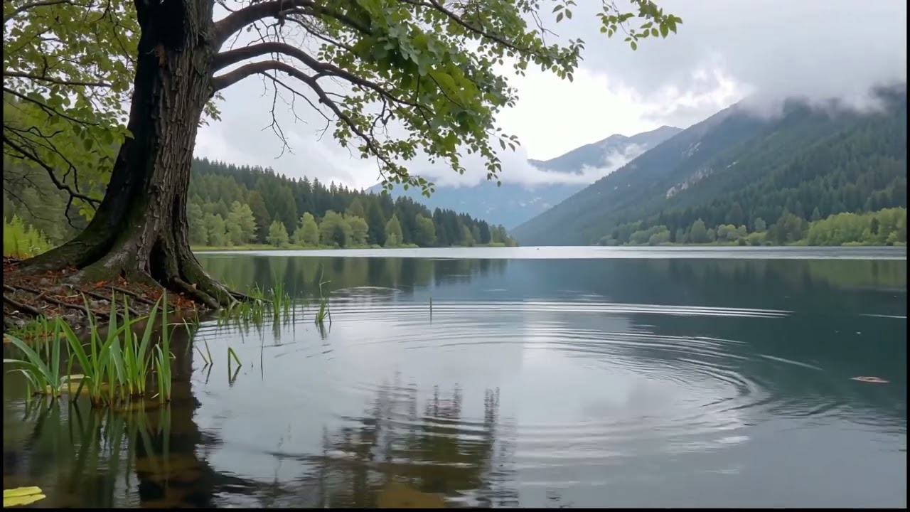 雨滴落在清澈湖面，平靜、舒適 The Zen of a Gentle Drizzle: A Poem of Raindrops on a Tranquil Lake