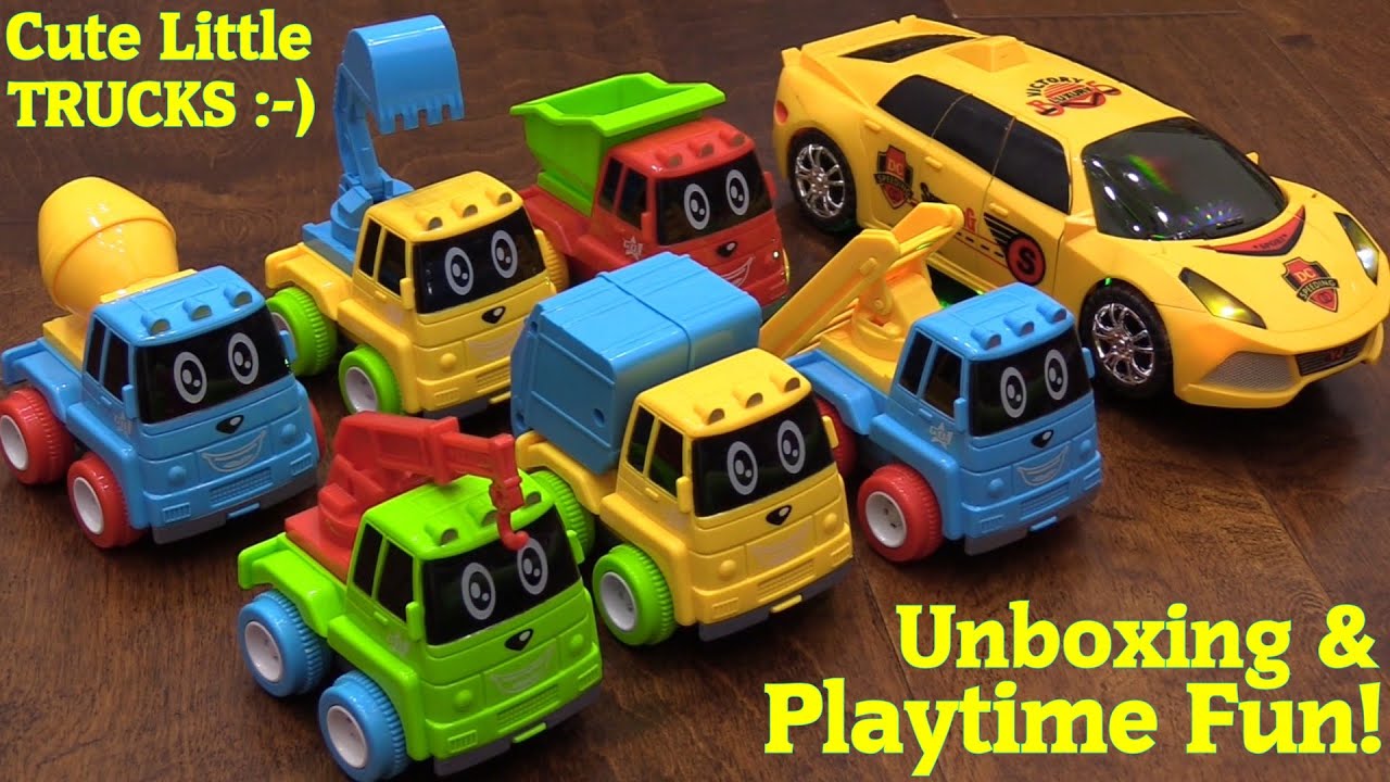 Cute, Colorful Mini Toy Trucks and Yellow Bump & Go Car Unboxing and Playtime w/ Marxlen