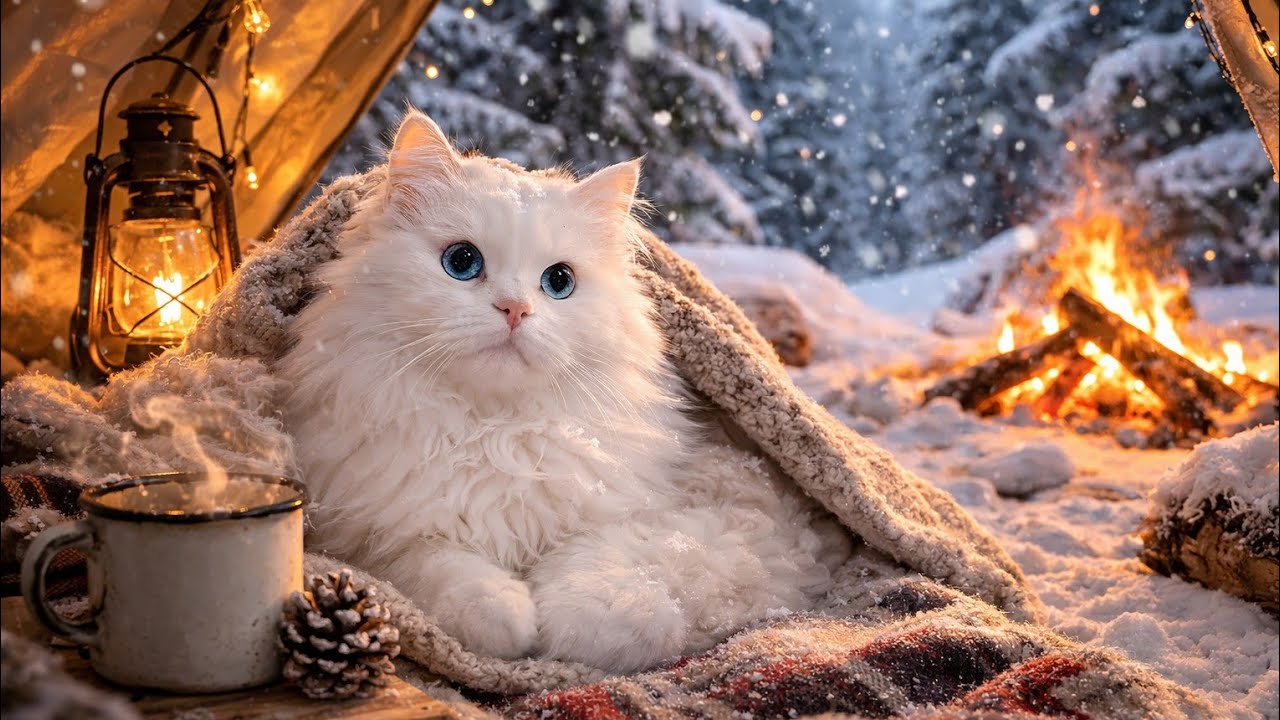 Camping in a Snowstorm with My White Cat | Cozy Winter Tent ASMR 