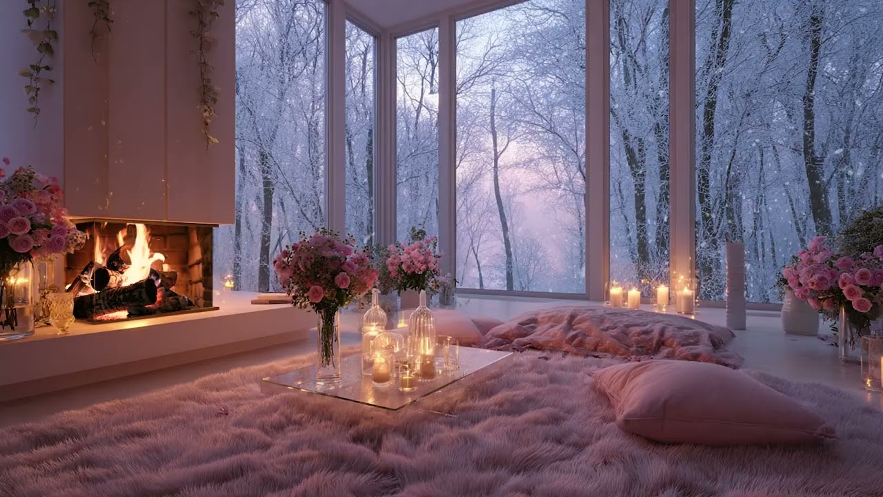 Warm Fireplace Indoors with Cold Snow Wind Outside | Peaceful Winter Room Sounds