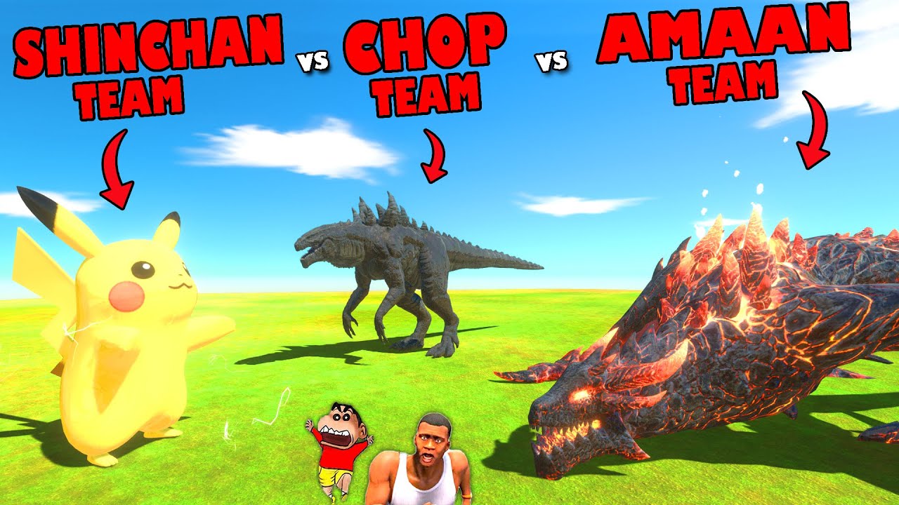 SHINCHAN TEAM vs CHOP TEAM vs AMAAN TEAM in Animal Revolt Battle Sim | PIKACHU, KING KONG, GODZILLA