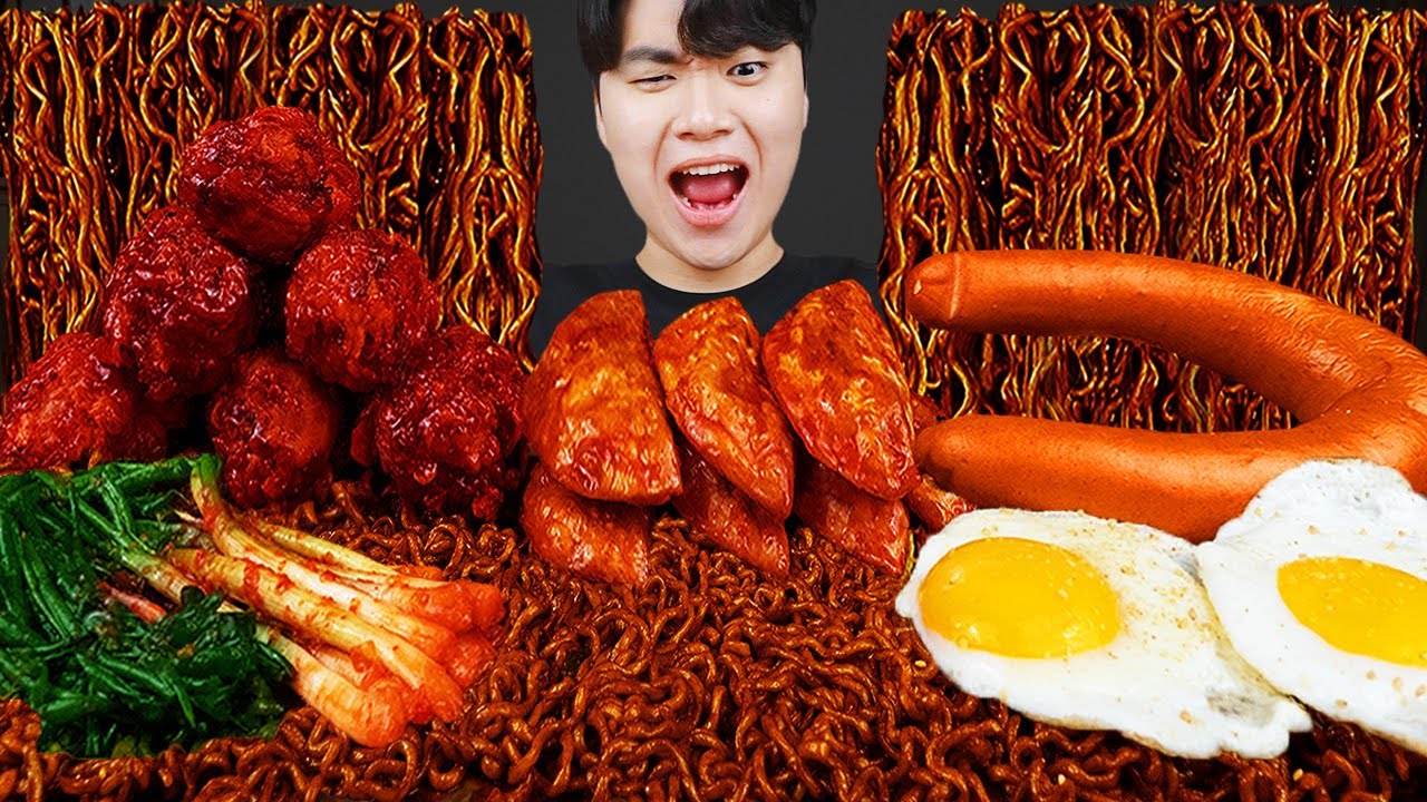 ASMR MUKBANG | Жареный цыпленок, лапша с черной фасолью, кимчи, колбаса звук еды!