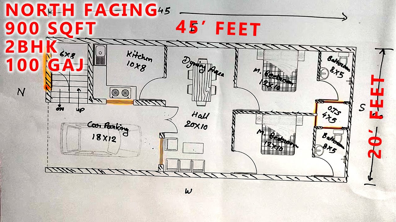 20 by 45 FEET HOUSE PLAN | 20 by 45 FEET GHAR KA NAKSHA | 900 SQFT HOUSE PLAN | 2BHK | NORTH FACING
