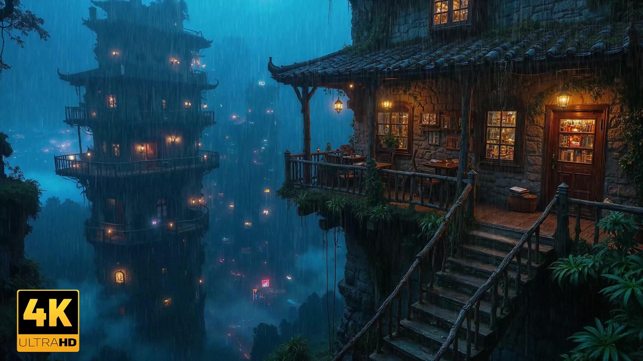 Lo-fi Beats on a Cozy Cliffside Balcony | Neon Night City Ambience for Focus, Sleep and Relaxation