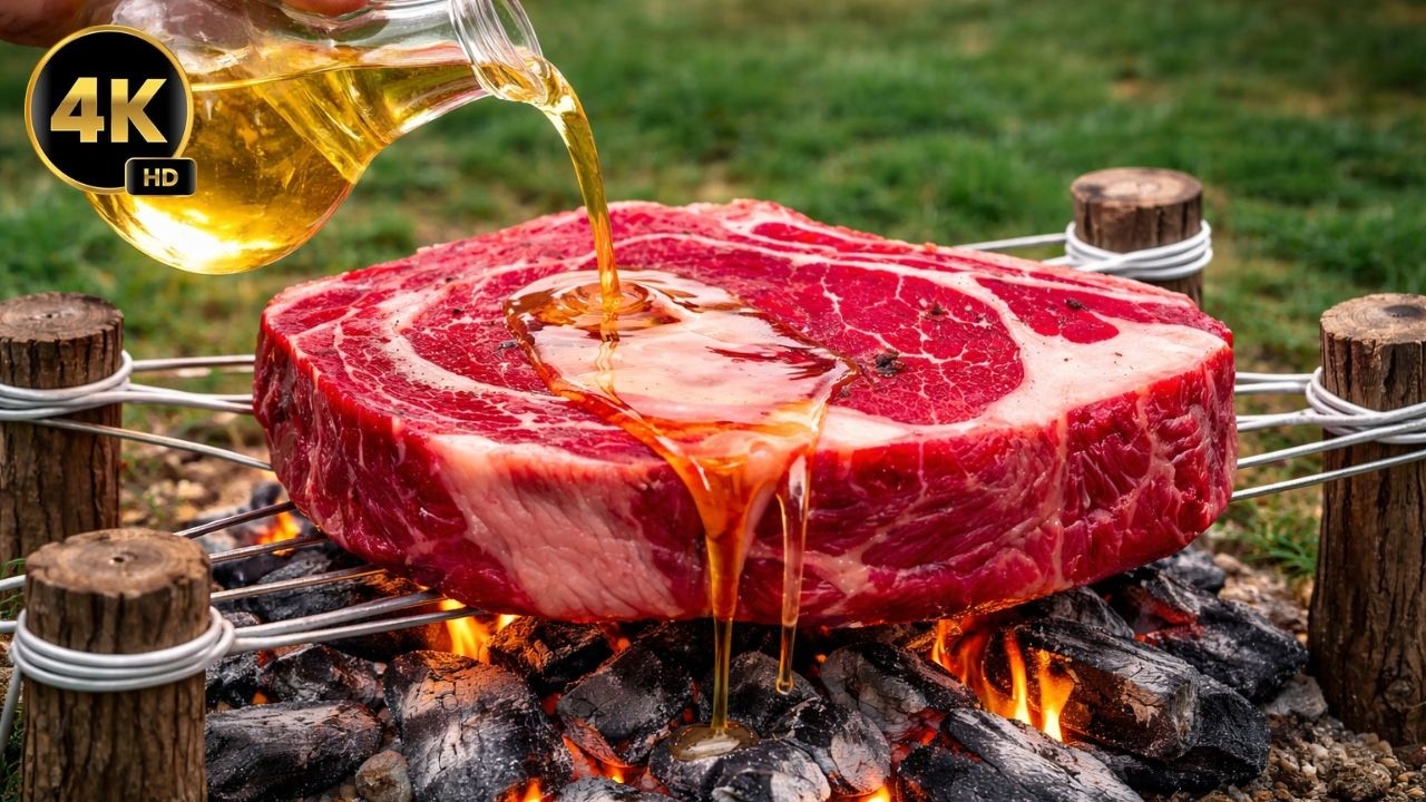 Cooking a Giant Steak Over Fire on a Primitive Grill in the Forest