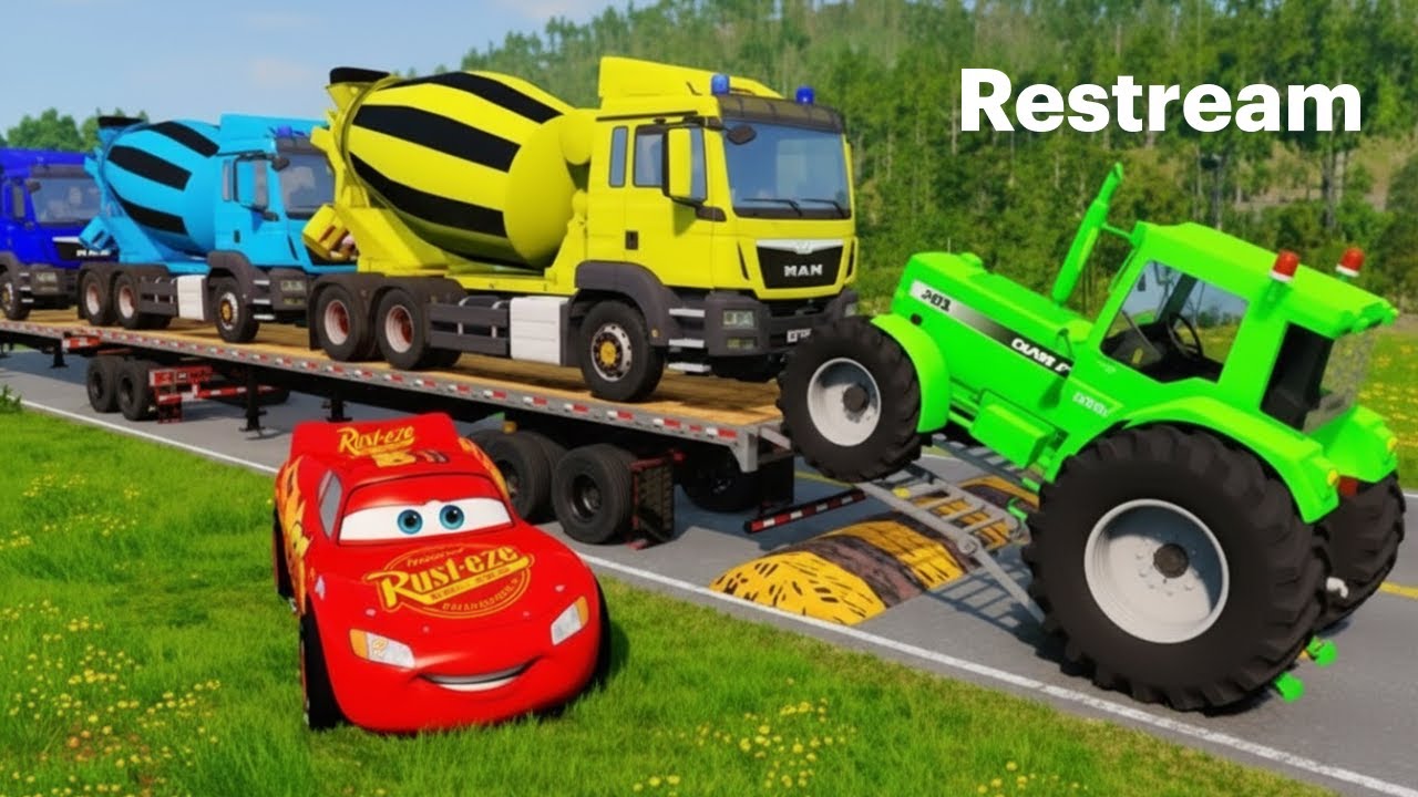 TRANSPORTING PIXAR CARS & FRUITS WITH COLORED & JOHN DEERE vs CLAAS vs TRACTORS - BeamNG.drive #983