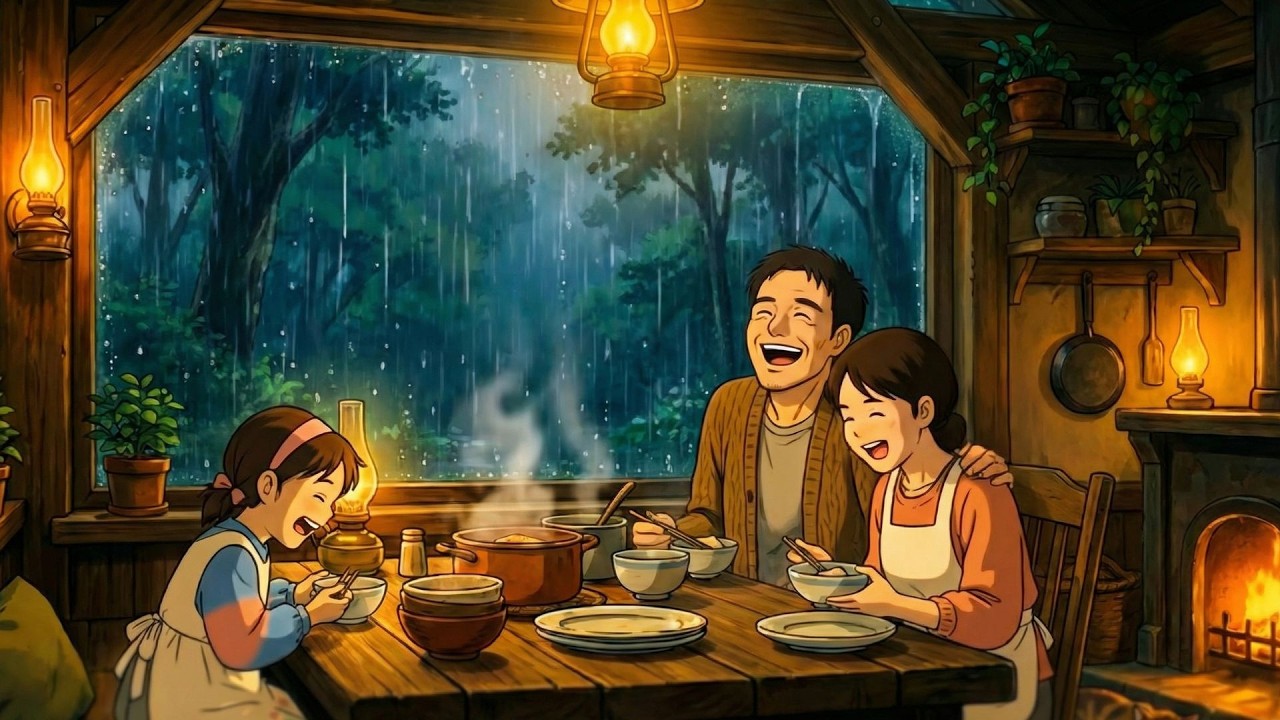 Cozy Rainy Evening in a Forest Treehouse | Family Dinner ASMR | Ghibli-Style Video