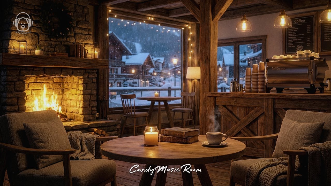 Cozy Swiss Café Ambience ❄️ Snowy Night, Fireplace Sounds & Smooth Jazz Music to relax, study, sleep