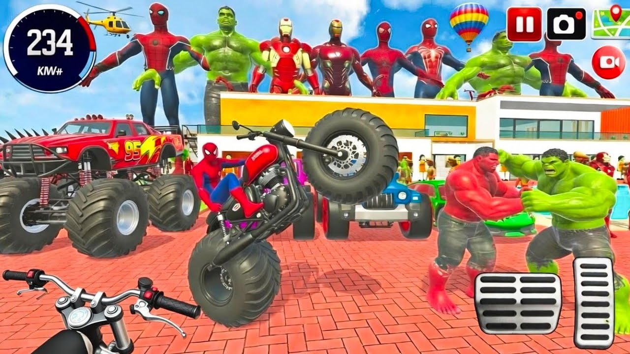 🥰Spiderman Vs Hulk Super Bike🤑Race With🦚 New Mini MC Queen Car Simulator 3D Monster 🚨Police Car Game