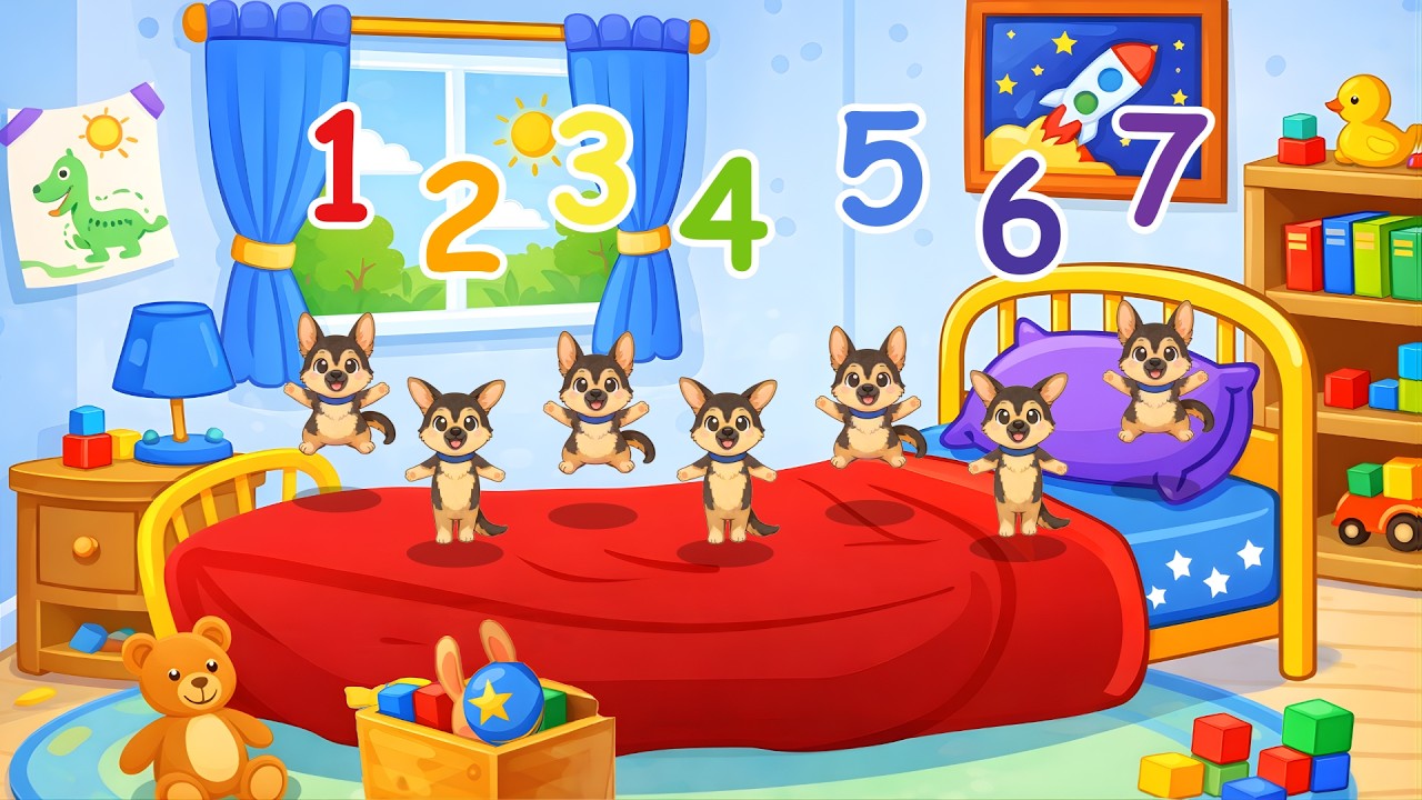 7 Little Dogs on the Bed 🛏️ | Fun Counting Song for Kids (1–7) | Chibi Art
