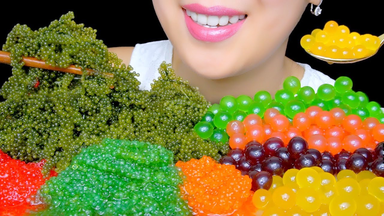 ASMR RAW SEA GRAPES PLATTER + TOBIKO EGGS + POPPING BOBA | CRUNCHY EATING SOUNDS | TracyN ASMR