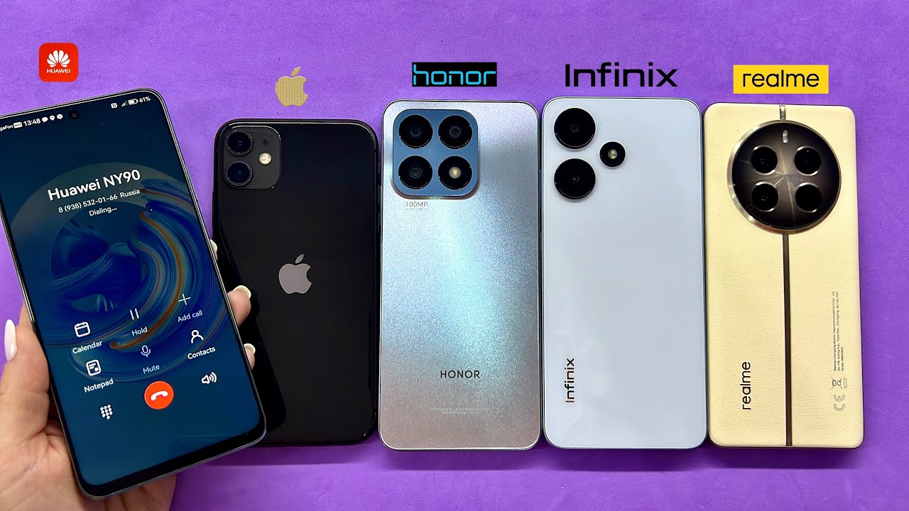 Huawei NY90 calling iPhone 11 + Realme 12 Pro + Honor X8a + Infinix Hot 30i