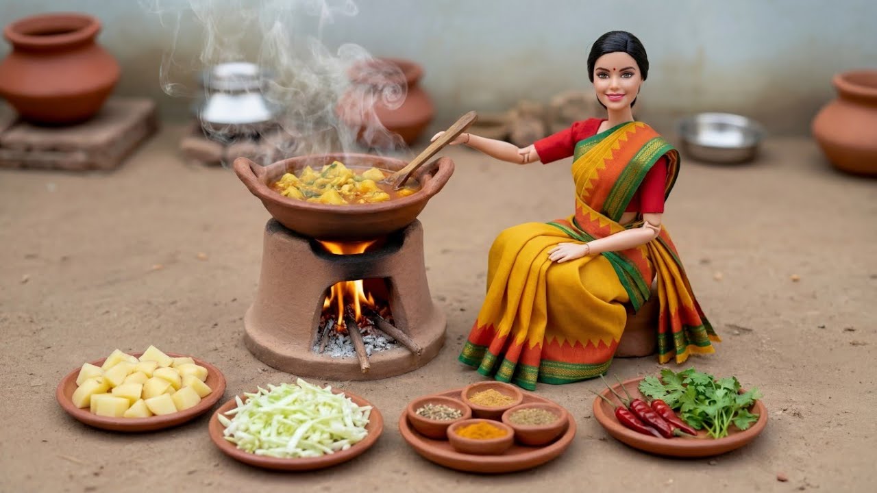 Miniature Doll Aloo Gobhi Cooking ASMR | Indian Village Tiny Kitchen Story