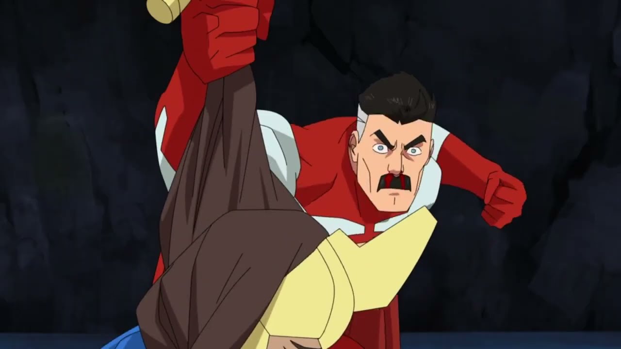 The war woman gets plummeted into the floor by Omni-Man&mdash;Invincible.