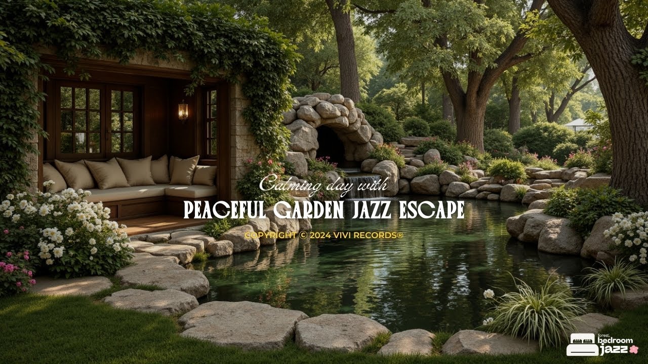 Peaceful Garden Jazz Escape - Gentle Piano Jazz & Waterfall Ambience In Forest For Calming Mood