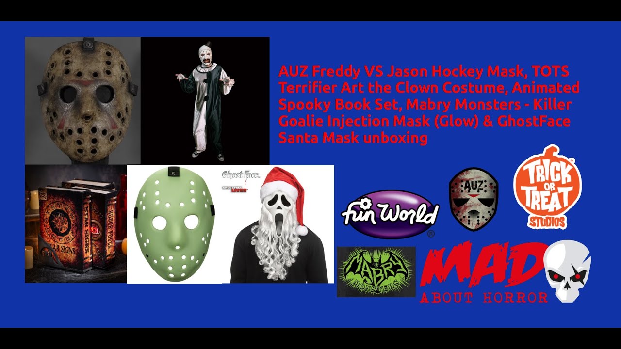 AUZ FvJ Hockey mask, TOTS terrifier costume, spooky book set, Killer Goalie  mask & GhostFace Santa