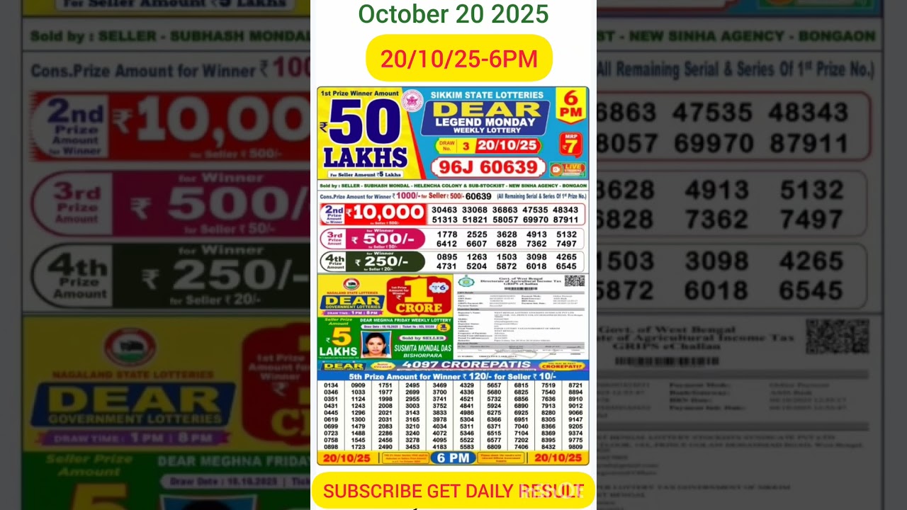 Dear lottery sambad 6pm 20/10/25 #Sikkim state lottery result 6pm 20/10/25