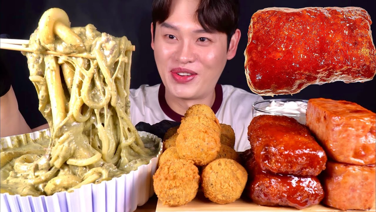 ASMR 말차크림떡볶이🟩뿌링카이막치즈볼 양념치즈돈까스 통스팸 먹방~!! Green Tea Tteokbokki With Sweet Cheese block Spam MuKBang~!!