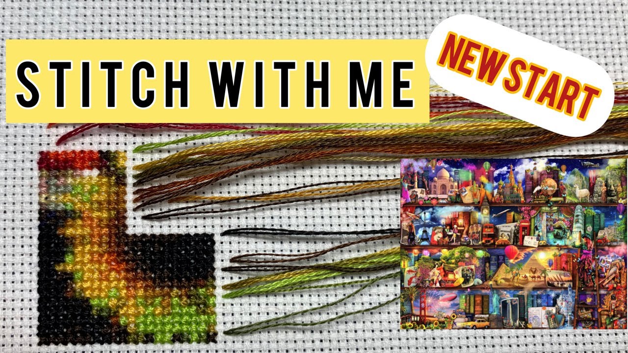 Stitch With Me on a New Start Cross Stitch Full Coverage HAED World Travel Book Shelf Flosstube