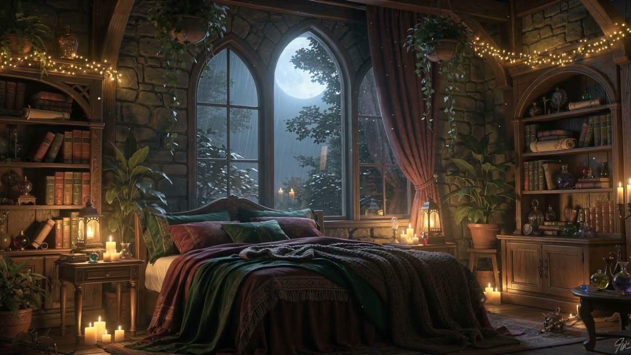 ⏾ Fantasy Bedroom on a Rainy Night | Moonlit Reading Ambience | 8 Hours | NO ADS