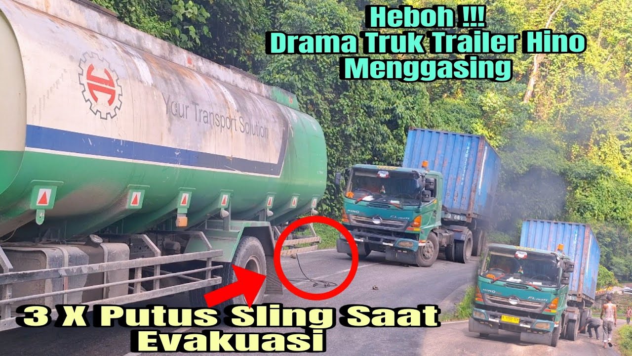 Drama Truk Trailer Pengangkut Peti Kemas Menggasing Di Tanjakan Kedabuhan #truck