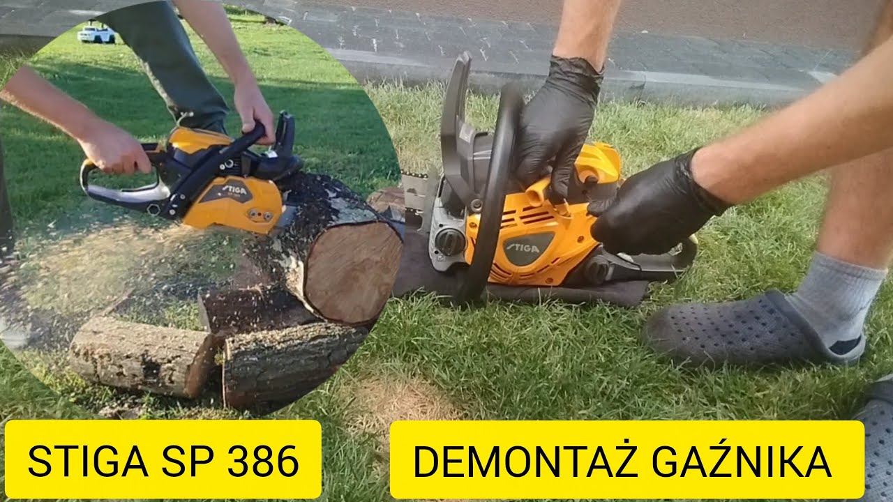 Stiga SP 386 demontaż gaźnika, gaźnik walbro, dość solidnie zbudowana pilarka ,pr&oacute;ba cięcia 