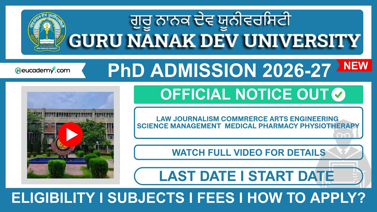 Guru Nanak Dev University GNDU PhD Admission 2026 Notification | Eligibility, Dates, Subjects & Fees