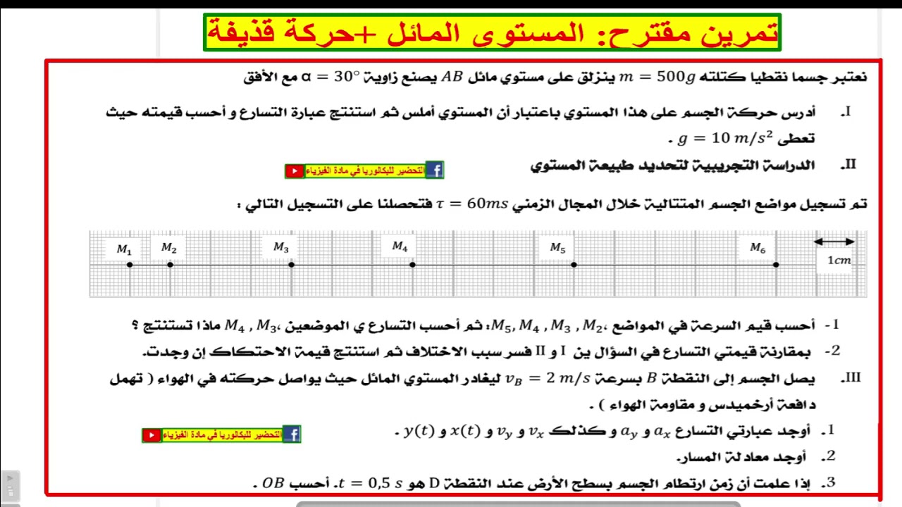 تمرين مقترح : المستوي المائل +دراسة حركة قذيفة