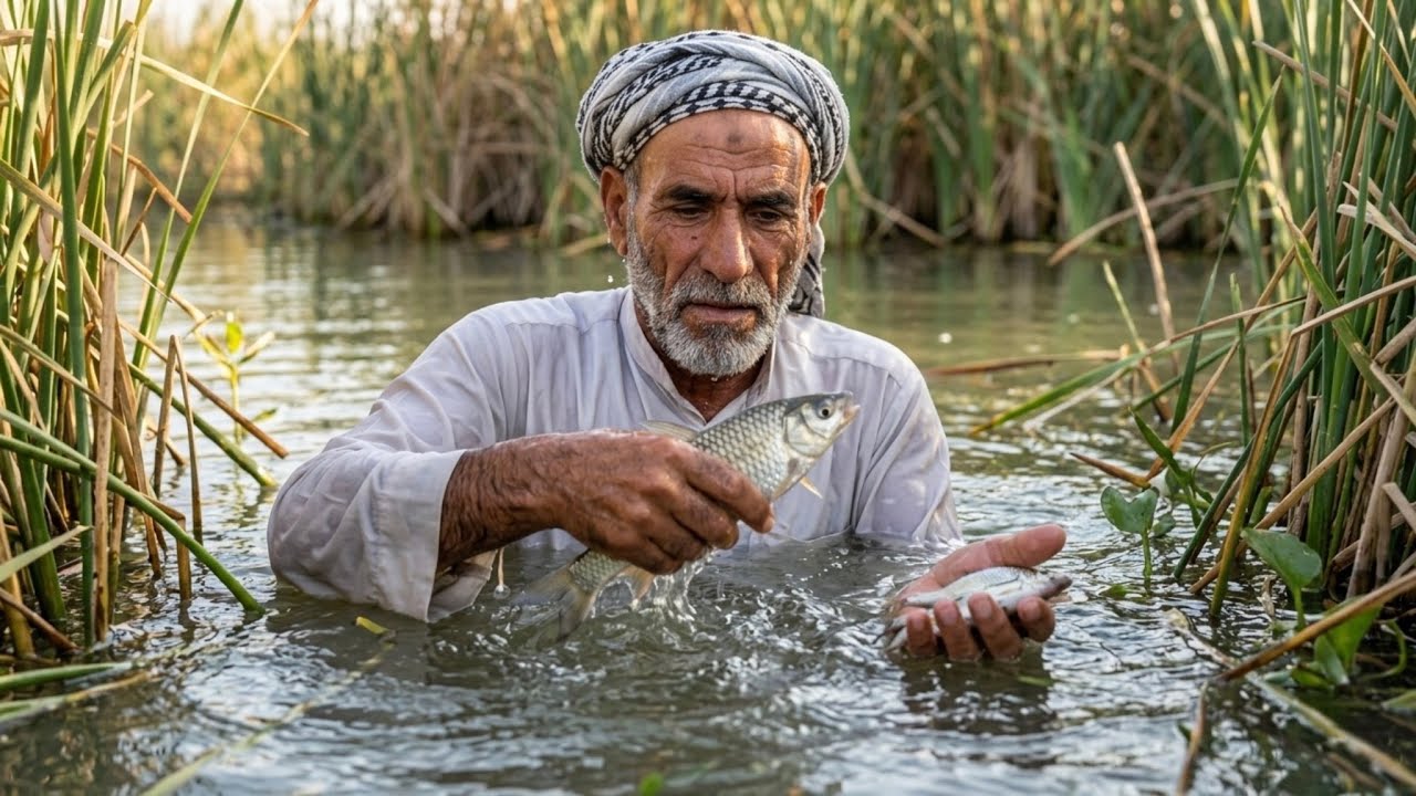 تفاجأ صياد عراقي مسن بوجود أسماك داخل حفر صغيره في هاي الأرض المغمورة بالمياه الصيد باليد