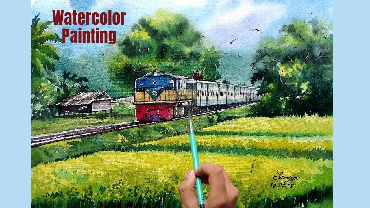 Watercolor painting for beginners | village scenery with train | Art with Samya-105
