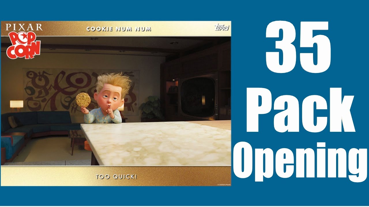 35 Pixar Popcorn Cookie Num Num packs. Disney Collect digital trading cards. Blue, red and gold hits