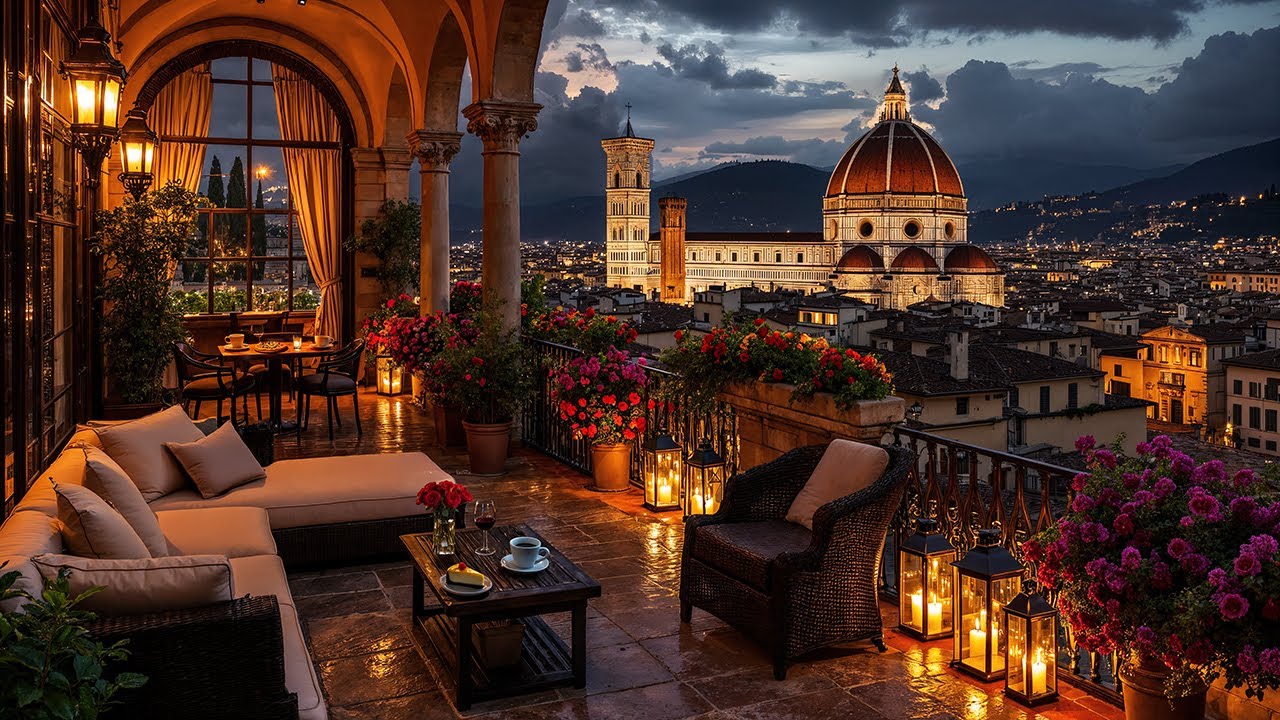 Italian Balcony Evening Jazz ☕ Florence Duomo Café Ambience & Relaxing Jazz Music for Work, Focus