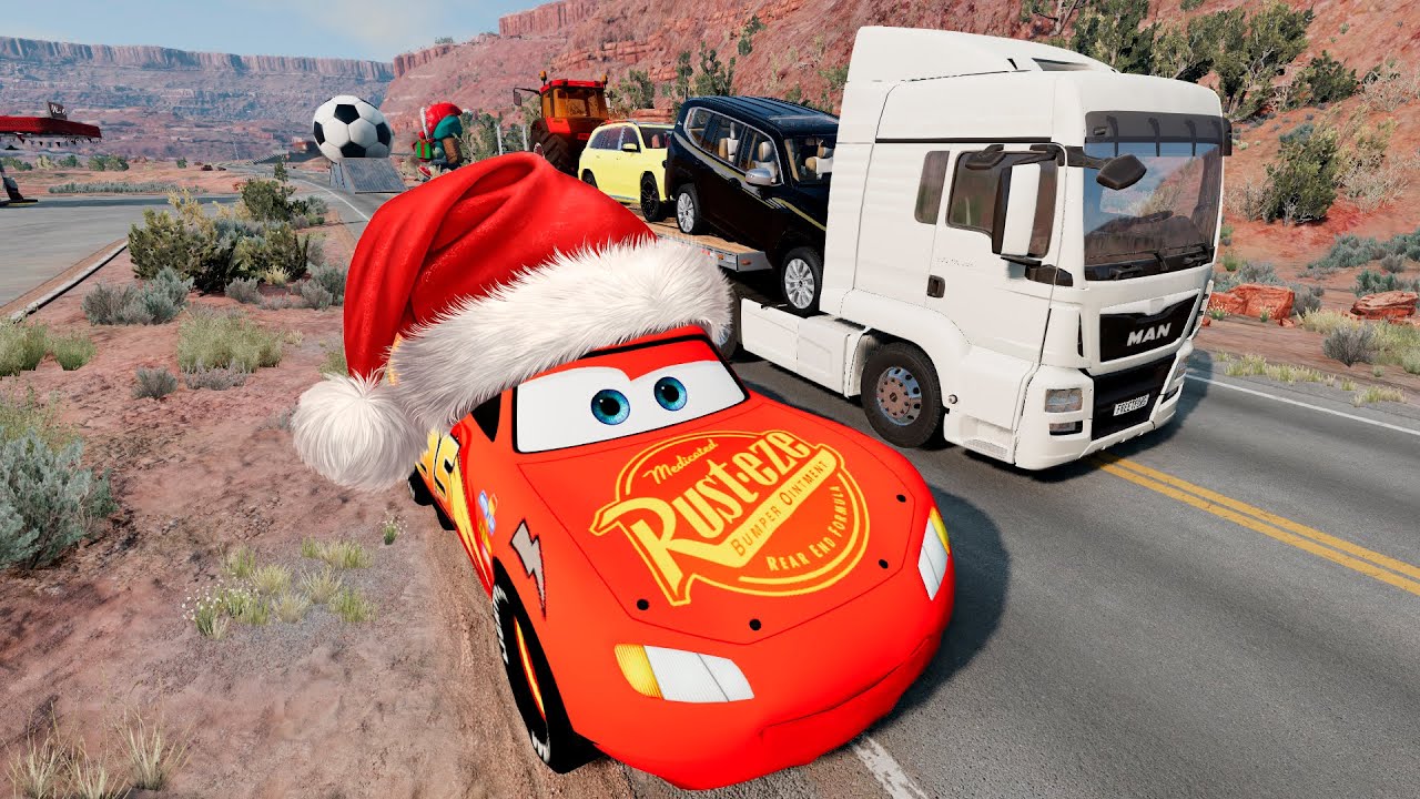 Flatbed Truck Mcqueen | Transportation with Truck – Lava, Water & Ice Road | Bus vs Car #5 | #beamng