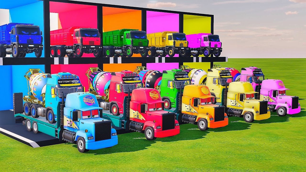 Garage with colors - ALL MIXER TRUCK WITH DOBLE FLATBED TRAILER TRUCK, VOLVO, DAF, INTERNATUONAL