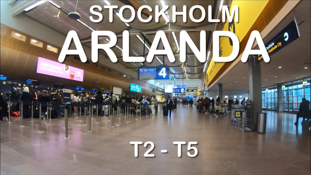 Walking from Terminal 2 to T5. Stockholm Arlanda Airport. Sweden.