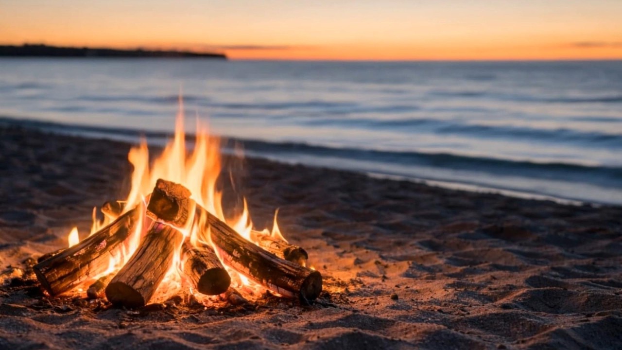 Relaxing Beach Ambience with Campfire and Ocean Sounds for Sleep and Calm