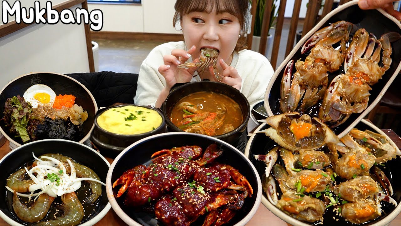 Mukbang 15 USD, маринованный в корейском соевом соусе Краб, Ресторан All you can eat, Ganjang Gejang
