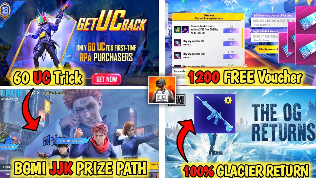 😱 OMG FREE 1200 Character Vouchers Event In Bgmi 🔥 Bgmi 60UC RP TRICK| Bgmi JJK Prize Path date | 