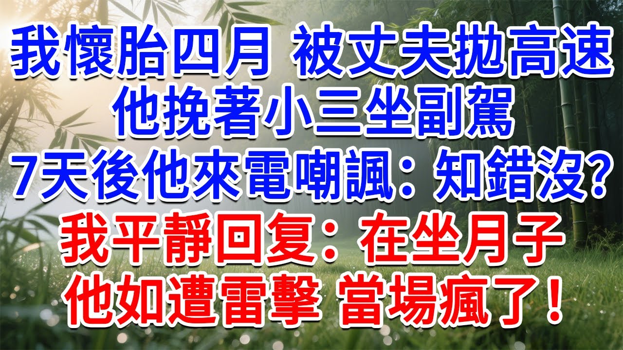 我懷胎四月被丈夫拋棄高速，他挽著小三坐副駕，7天後他來電嘲諷：知錯沒？我平靜回覆：在坐月子。他如遭雷擊 當場瘋了！#為人處世#生活經驗#情感故事#故事#小說#戀愛#情感#婚姻