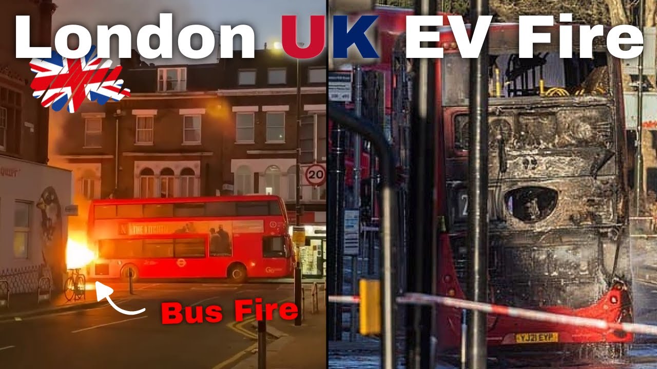 Wimbledon, London UK Electric Vehicle Bus FIRE! Double decker bus bursts into flames